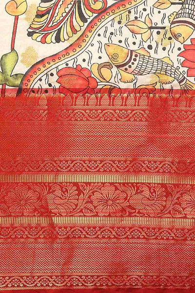 Buy Raya Beige Soft Art Silk Kalamkari Printed One Minute Saree Online