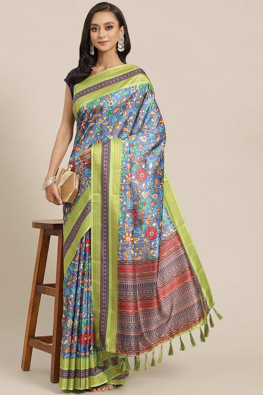 Buy Eesa Navy Blue Soft Art Silk Floral Printed Banarasi One Minute Saree Online - One Minute Saree