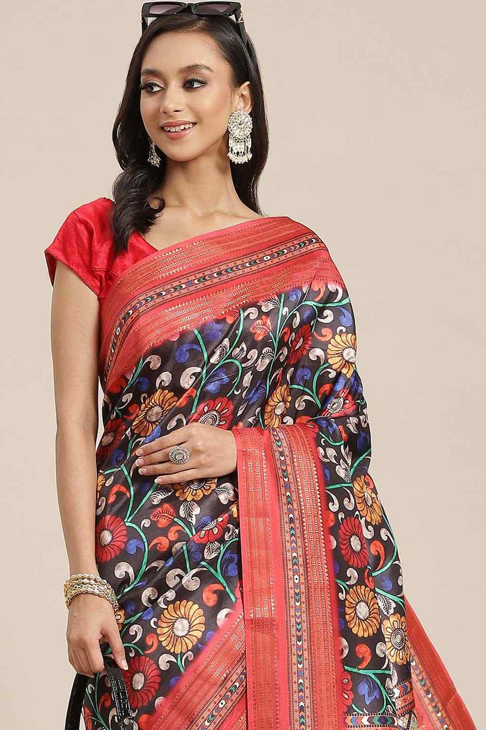 Buy Brina Black Soft Art Silk Floral Printed Banarasi One Minute Saree Online