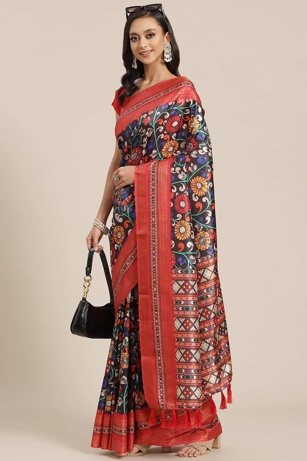 Buy Brina Black Soft Art Silk Floral Printed Banarasi One Minute Saree Online - One Minute Saree