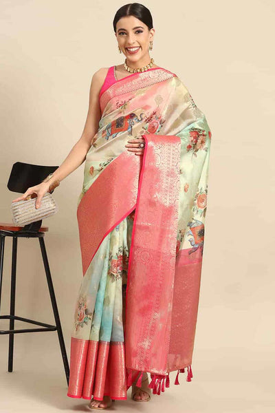 Buy Rosa Green Soft Art Silk Floral Printed Banarasi One Minute Saree Online - One Minute Saree