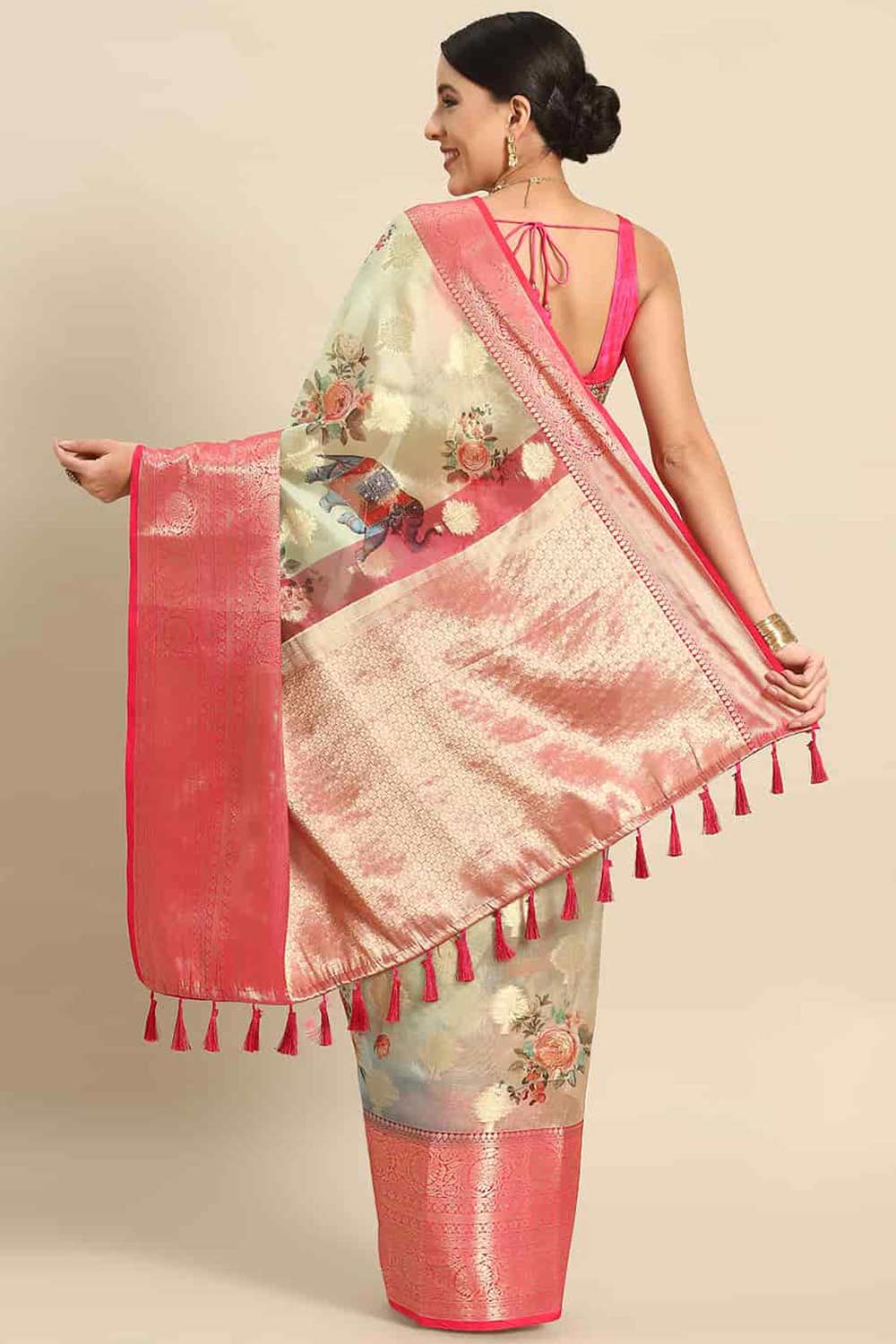 Buy Green Soft Art Silk Floral Printed Banarasi Saree Online - Front 
