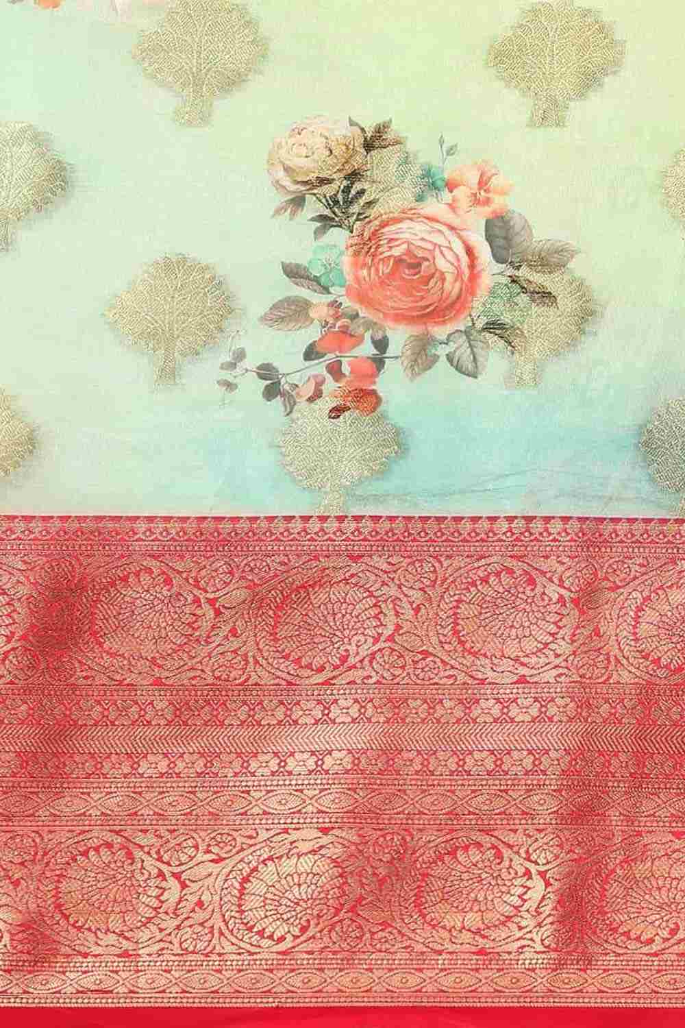 Buy Rosa Green Soft Art Silk Floral Printed Banarasi One Minute Saree Online