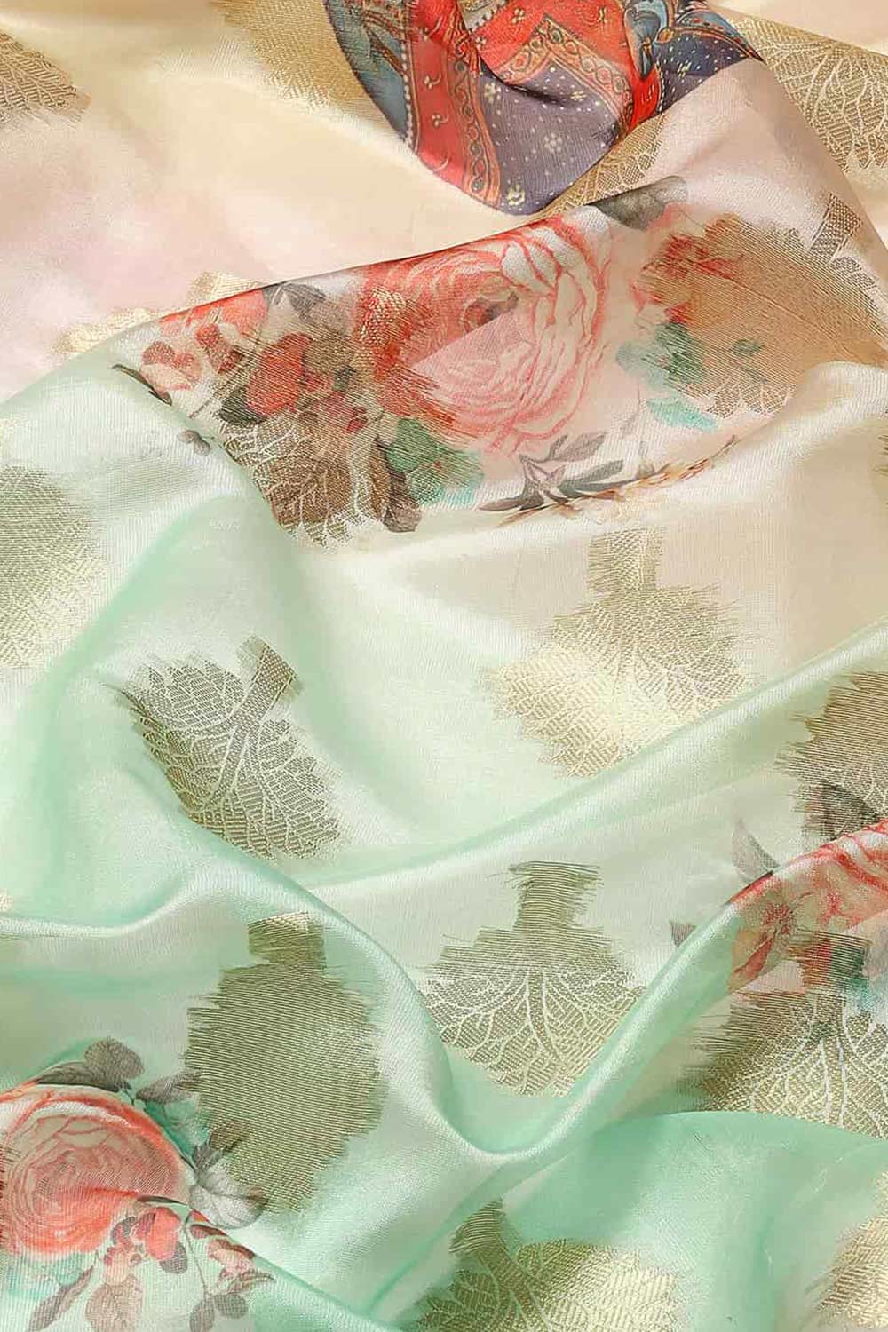 Buy Rosa Green Soft Art Silk Floral Printed Banarasi One Minute Saree Online - Front