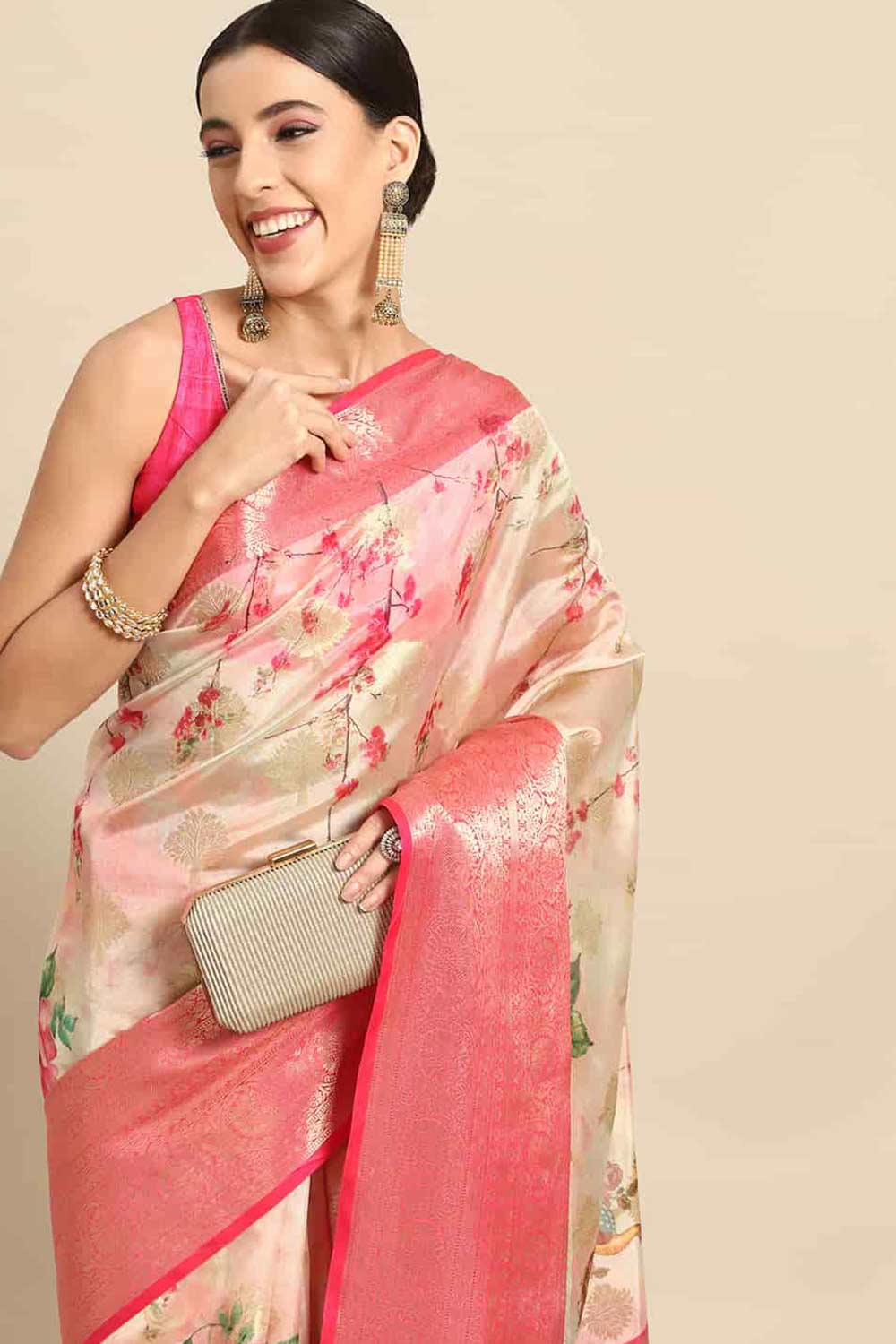 Buy Peonia Pink Soft Art Silk Floral Banarasi One Minute Saree Online