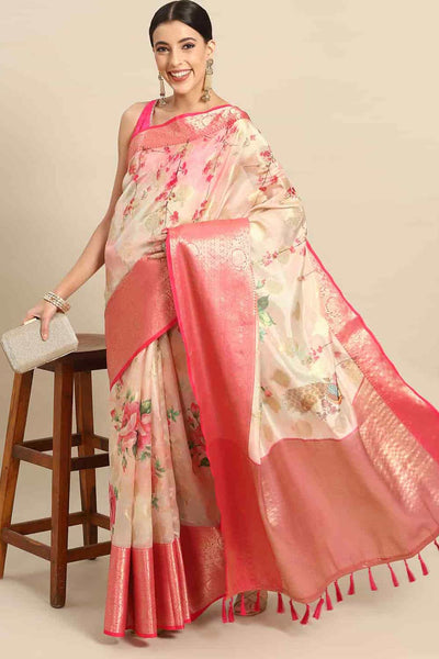 Buy Peonia Pink Soft Art Silk Floral Banarasi One Minute Saree Online - One Minute Saree