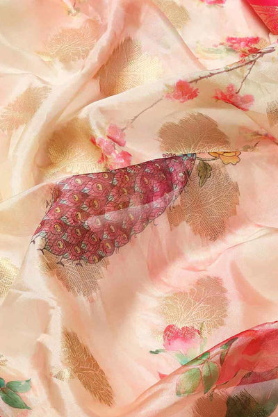 Buy Peonia Pink Soft Art Silk Floral Banarasi One Minute Saree Online - Side