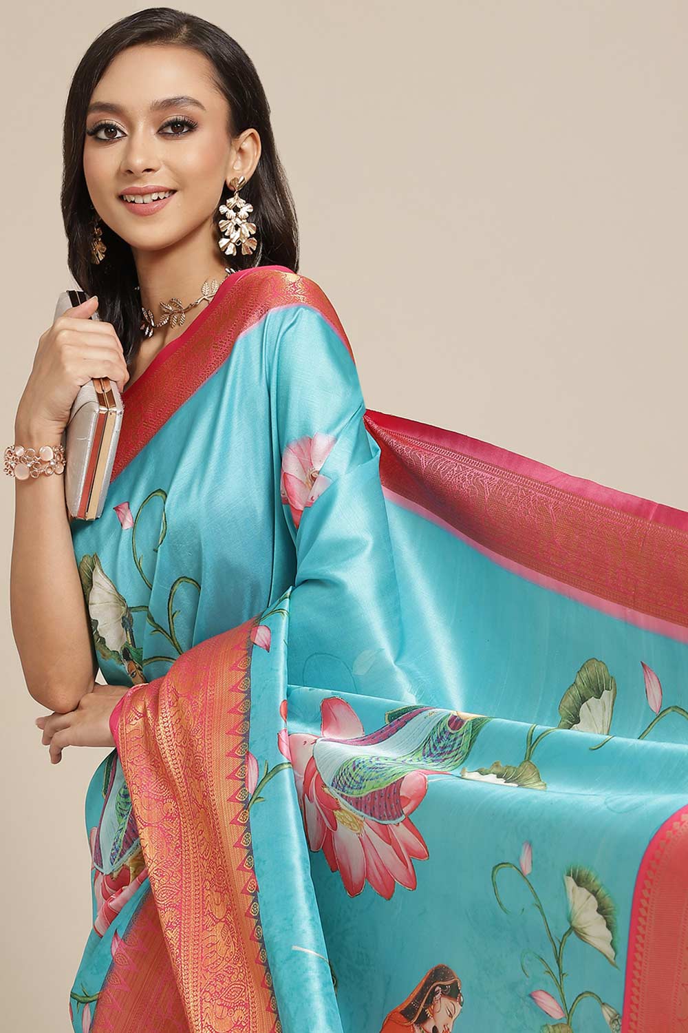 Buy Aisha Teal Soft Art Silk Floral Printed Banarasi One Minute Saree Online