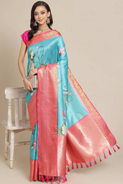 Buy Aisha Teal Soft Art Silk Floral Printed Banarasi One Minute Saree Online - One Minute Saree