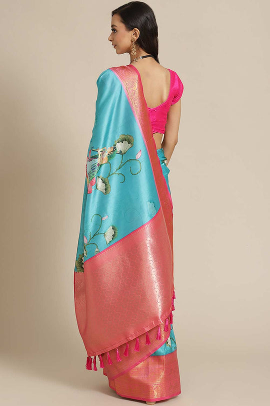 Shop Aisha Teal Soft Art Silk Floral Printed Banarasi One Minute Saree at best offer at our  Store - One Minute Saree