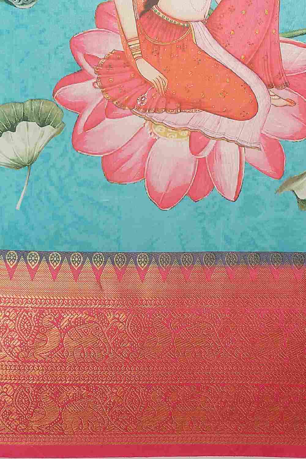 Buy Aisha Teal Soft Art Silk Floral Printed Banarasi One Minute Saree Online - Back