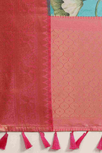 Buy Aisha Teal Soft Art Silk Floral Printed Banarasi One Minute Saree Online - Front