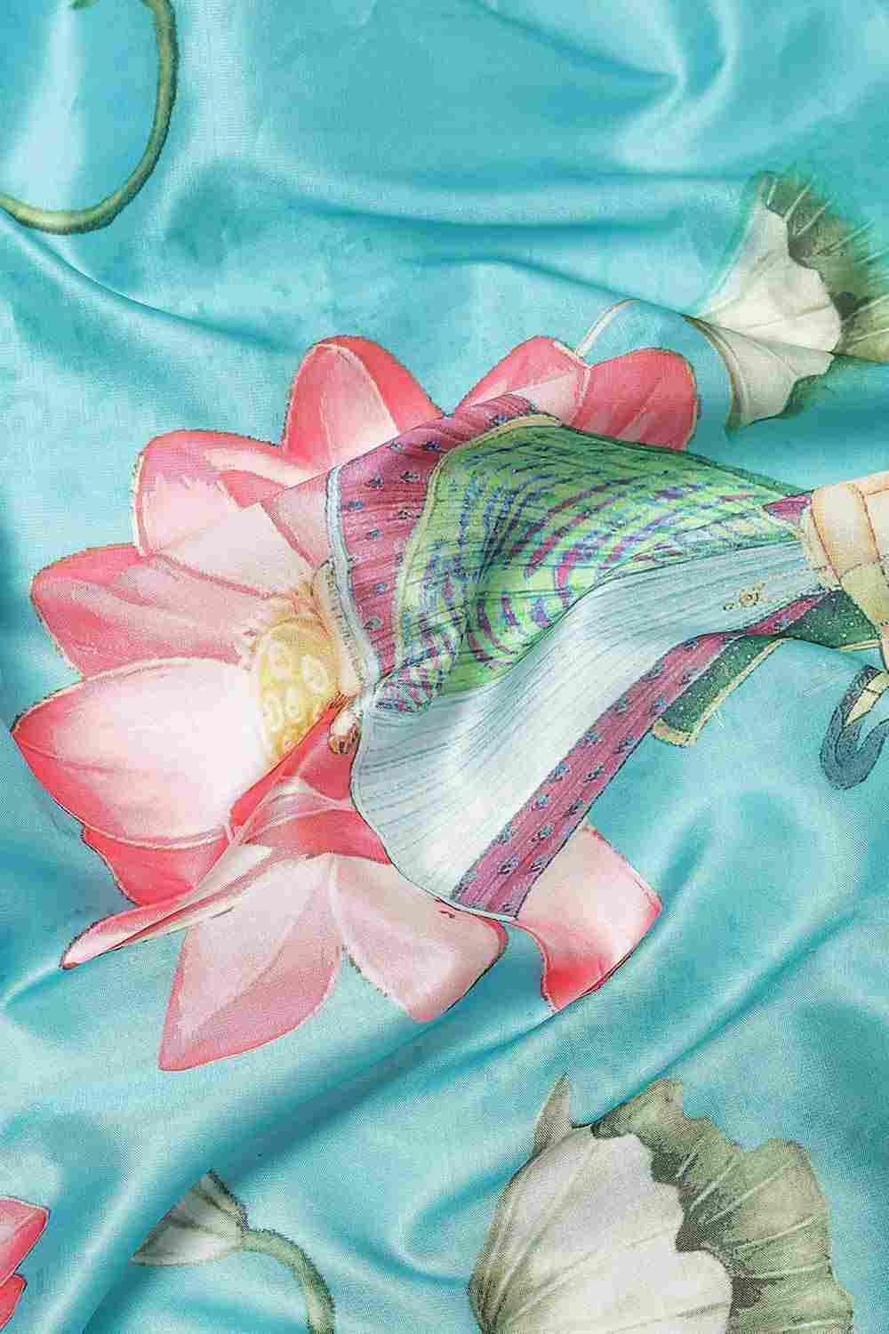 Buy Aisha Teal Soft Art Silk Floral Printed Banarasi One Minute Saree Online - Side