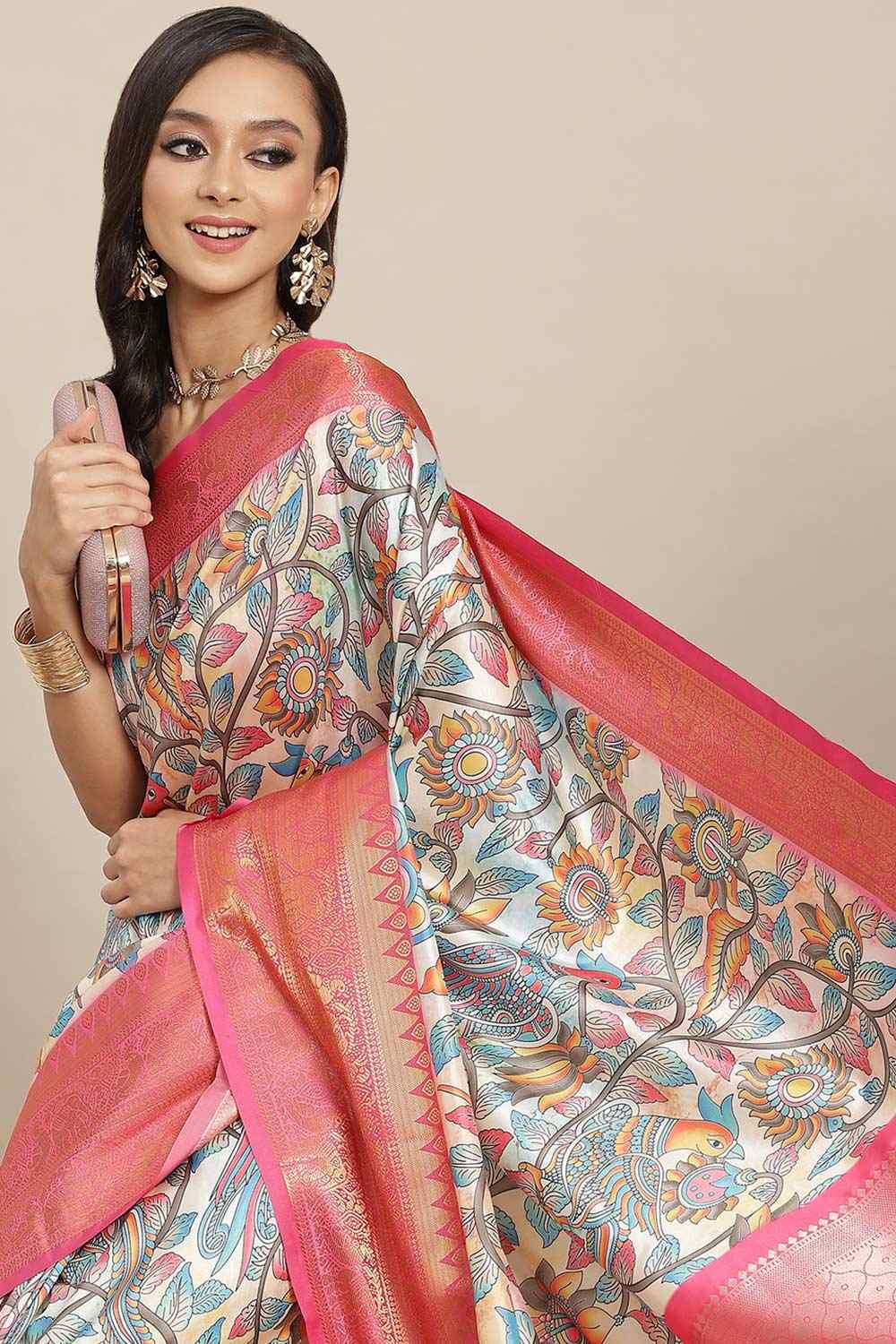 Buy Payal Beige Soft Art Silk Floral Banarasi One Minute Saree Online
