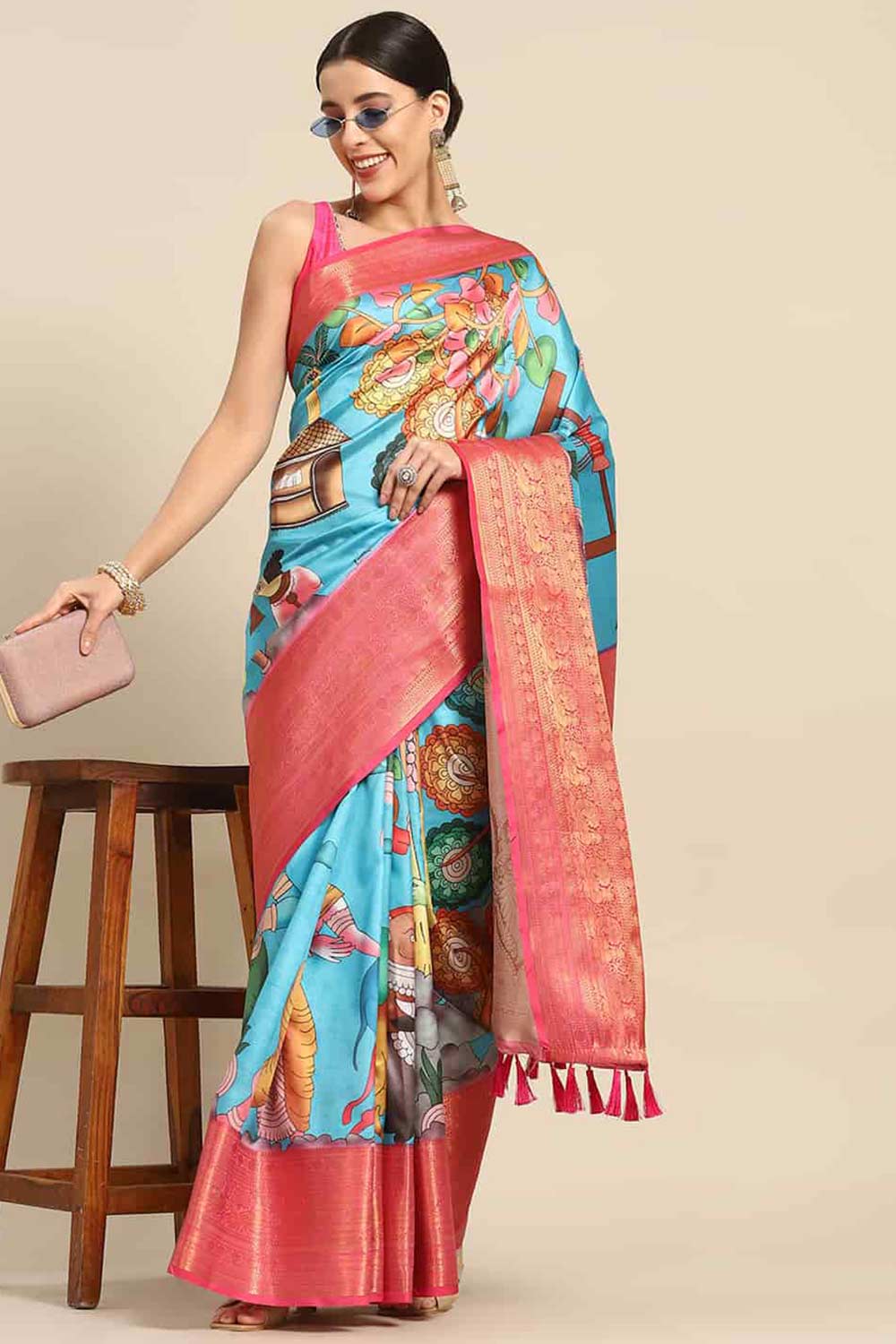 Shop Mimi Multi-Color Soft Art Silk Kalamkari Banarasi One Minute Saree at best offer at our  Store - One Minute Saree
