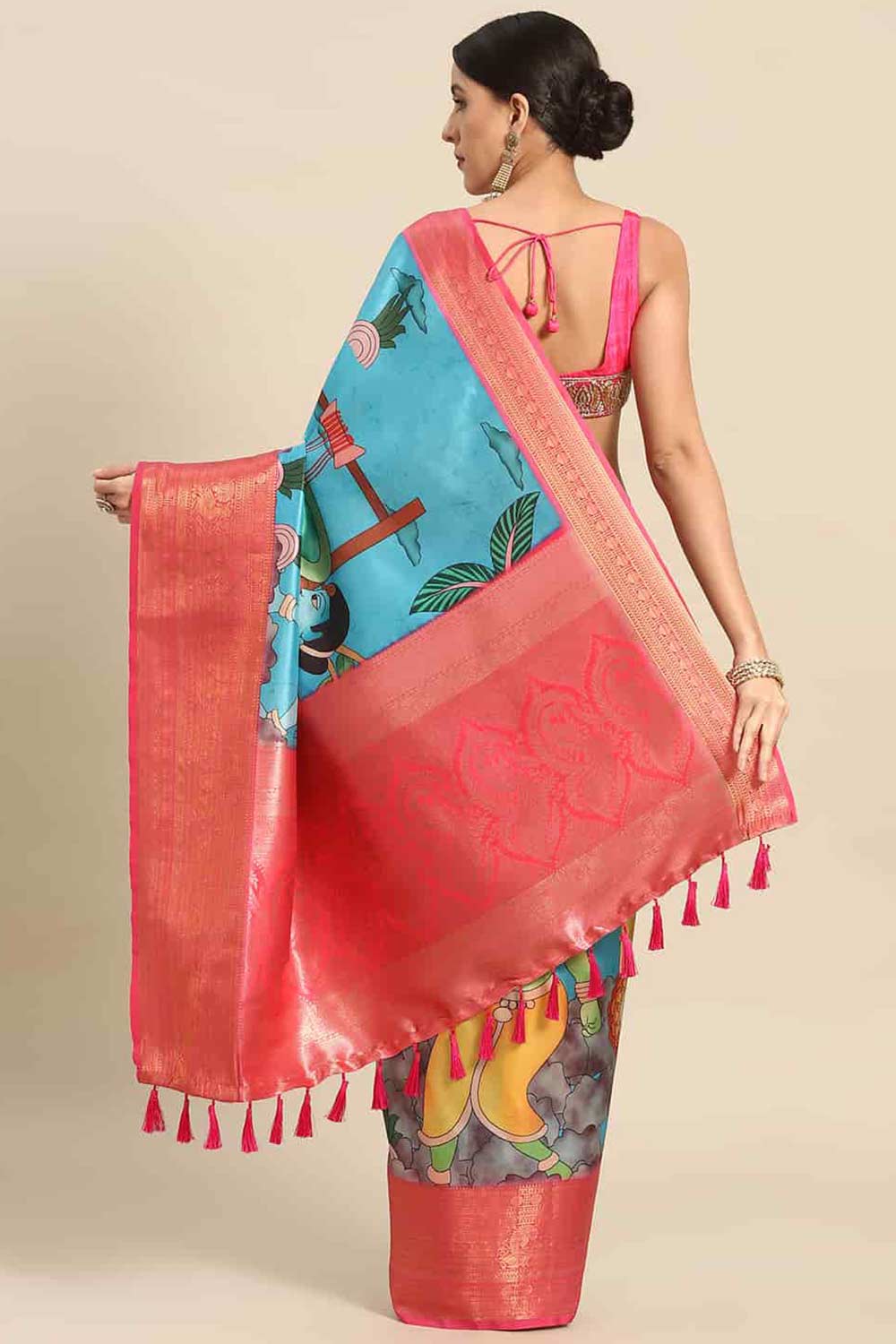 Buy Blue Soft Art Silk Kalamkari Printed Banarasi Saree Online - Back 