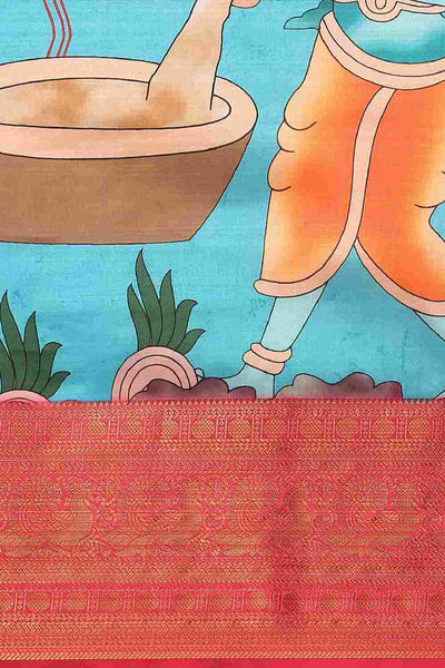 Buy Blue Soft Art Silk Kalamkari Printed Banarasi Saree Online - Zoom In 