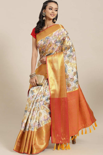 Buy Chyna Beige Soft Art Silk Floral Banarasi One Minute Saree Online - One Minute Saree