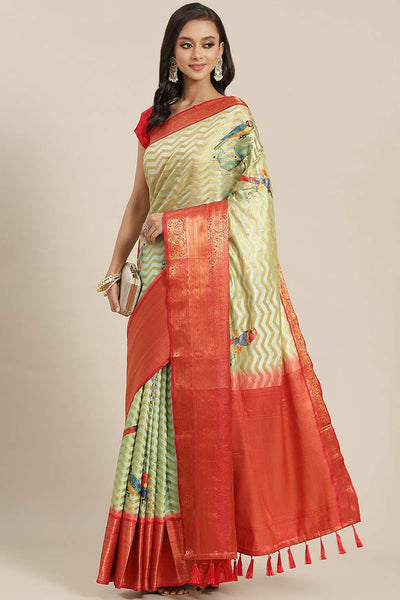 Buy Pista Green Soft Art Silk Floral Printed Banarasi One Minute Saree Online - One Minute Saree