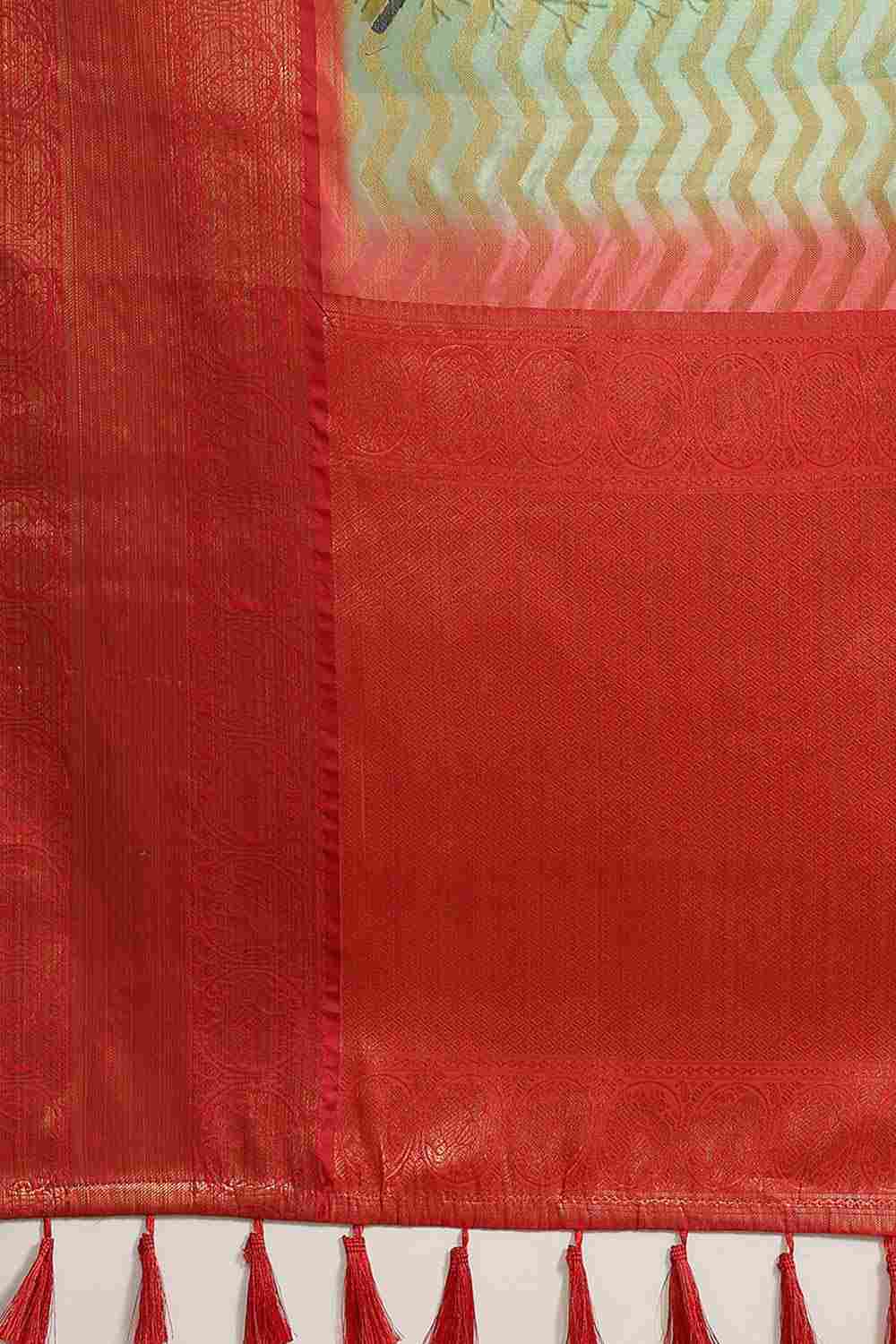 Buy Pista Green Soft Art Silk Floral Printed Banarasi One Minute Saree Online - Back
