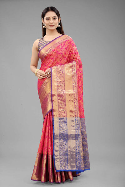 Buy Rachana Multi-Color Art Silk Leaf Printed Banarasi One Minute Saree Online - One Minute Saree