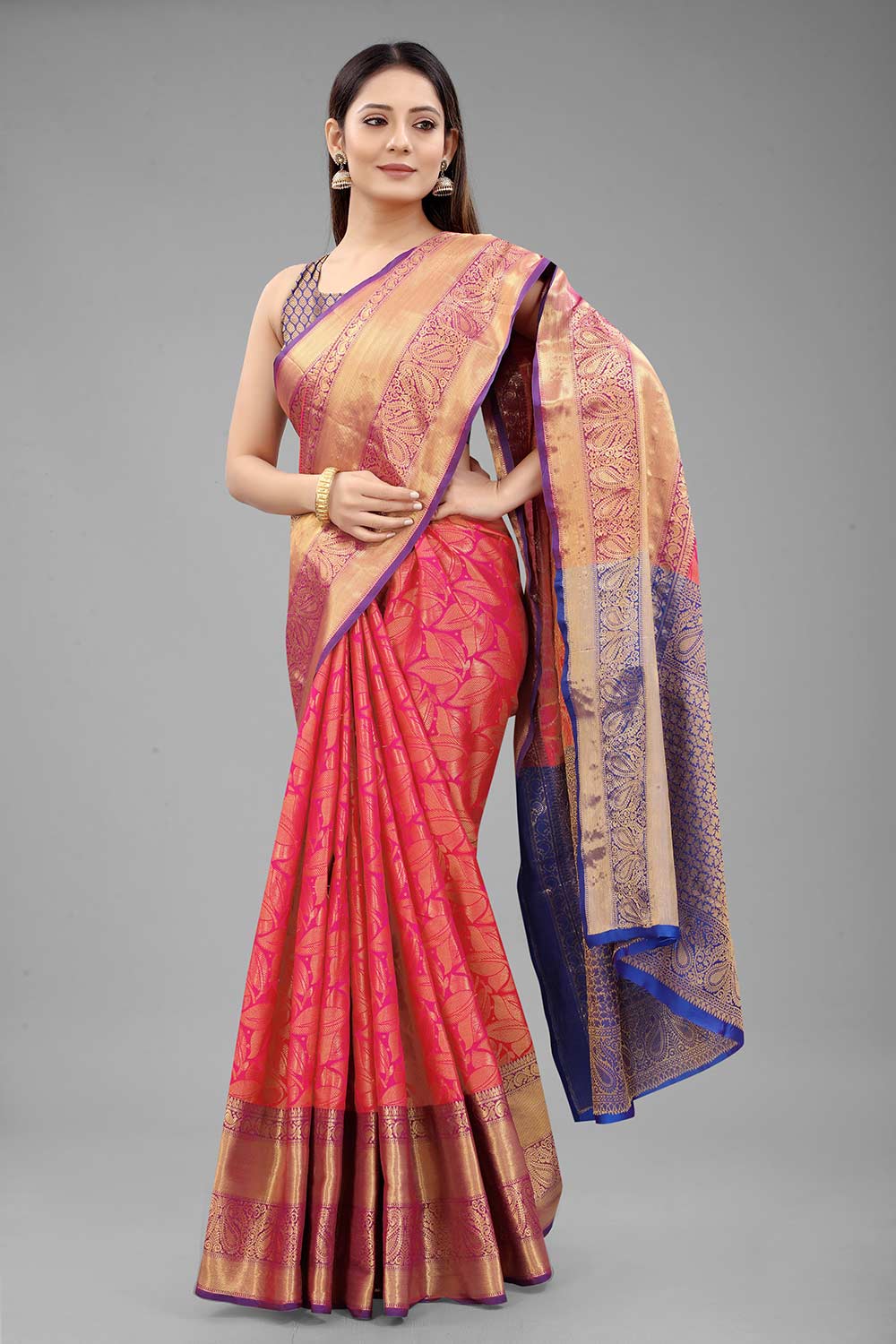 Buy Rachana Multi-Color Art Silk Leaf Printed Banarasi One Minute Saree Online - Back