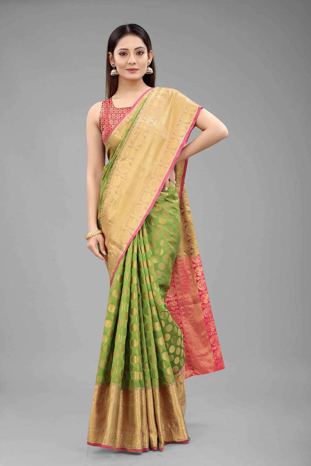 Buy Gajaria Multi-Color Art Silk Polka Dot Banarasi One Minute Saree Online - Back