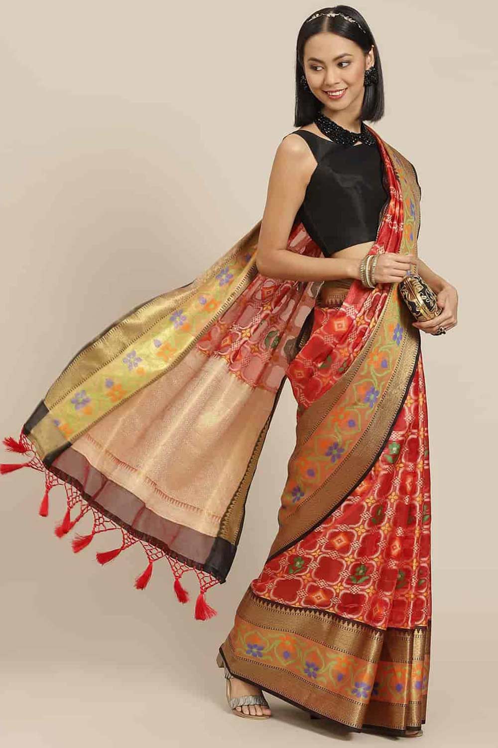 Buy Sakshi Red Art Silk Ikat Ikkat One Minute Saree Online - One Minute Saree