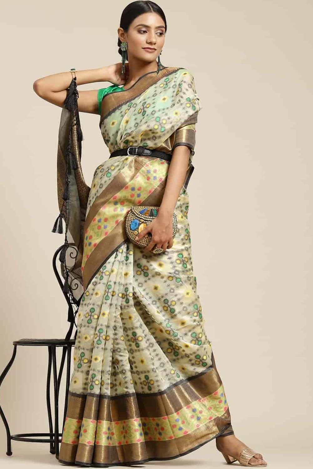 Buy Chaya Beige Art Silk Ikat One Minute Saree Online - One Minute Saree