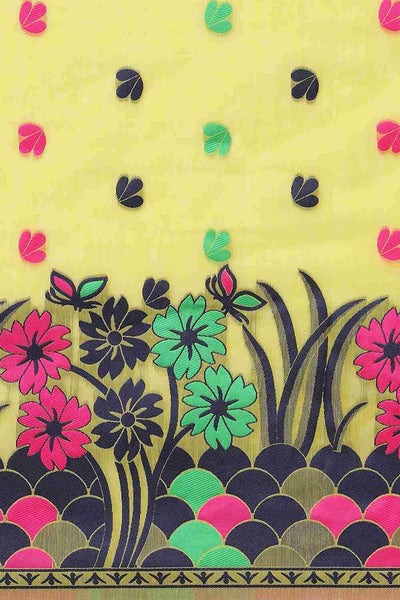 Buy Yellow Cotton Floral Jamdani Saree Online - Zoom In 