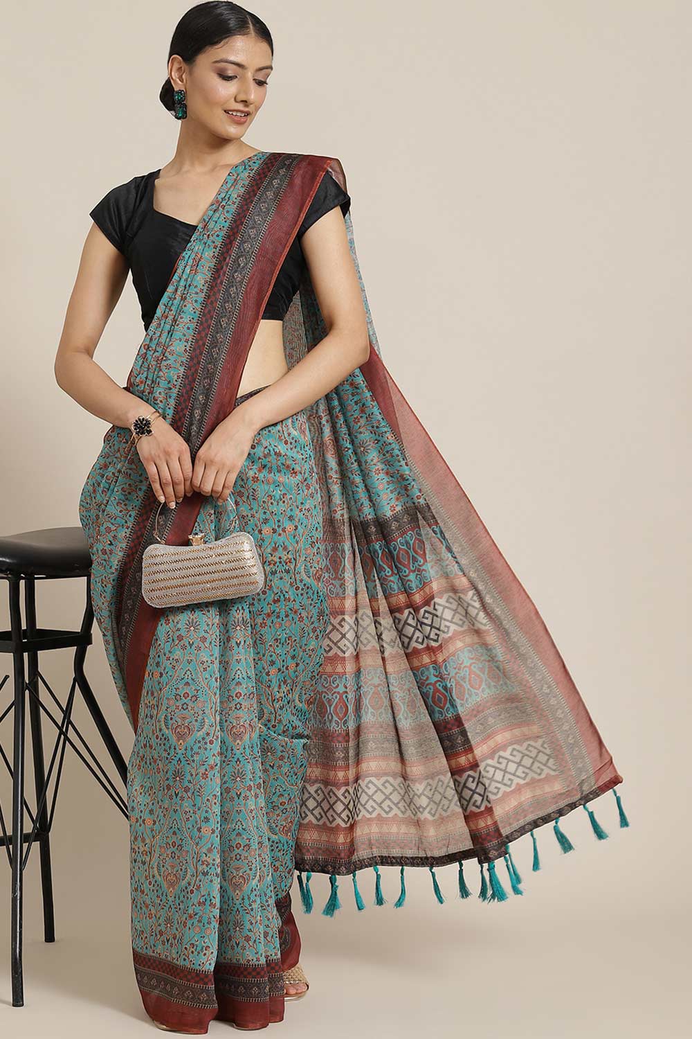 Buy Teal Cotton Block Printed One Minute Saree Online 