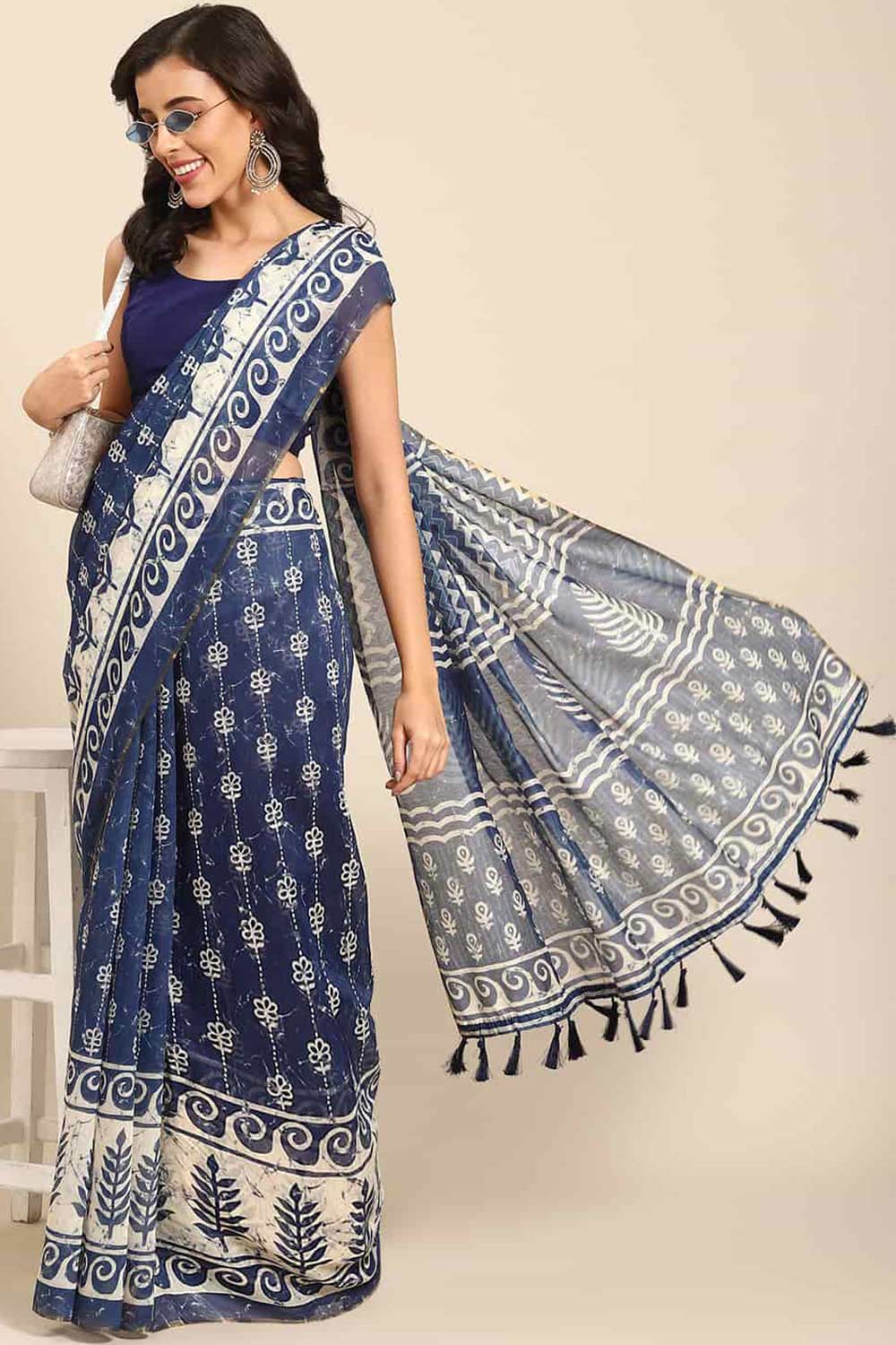 Buy Indigo Multi-Color Cotton Block Printed One Minute Saree Online - One Minute Saree