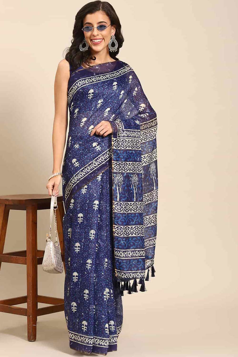 Buy Noor Blue Cotton Block Printed One Minute Saree Online - One Minute Saree