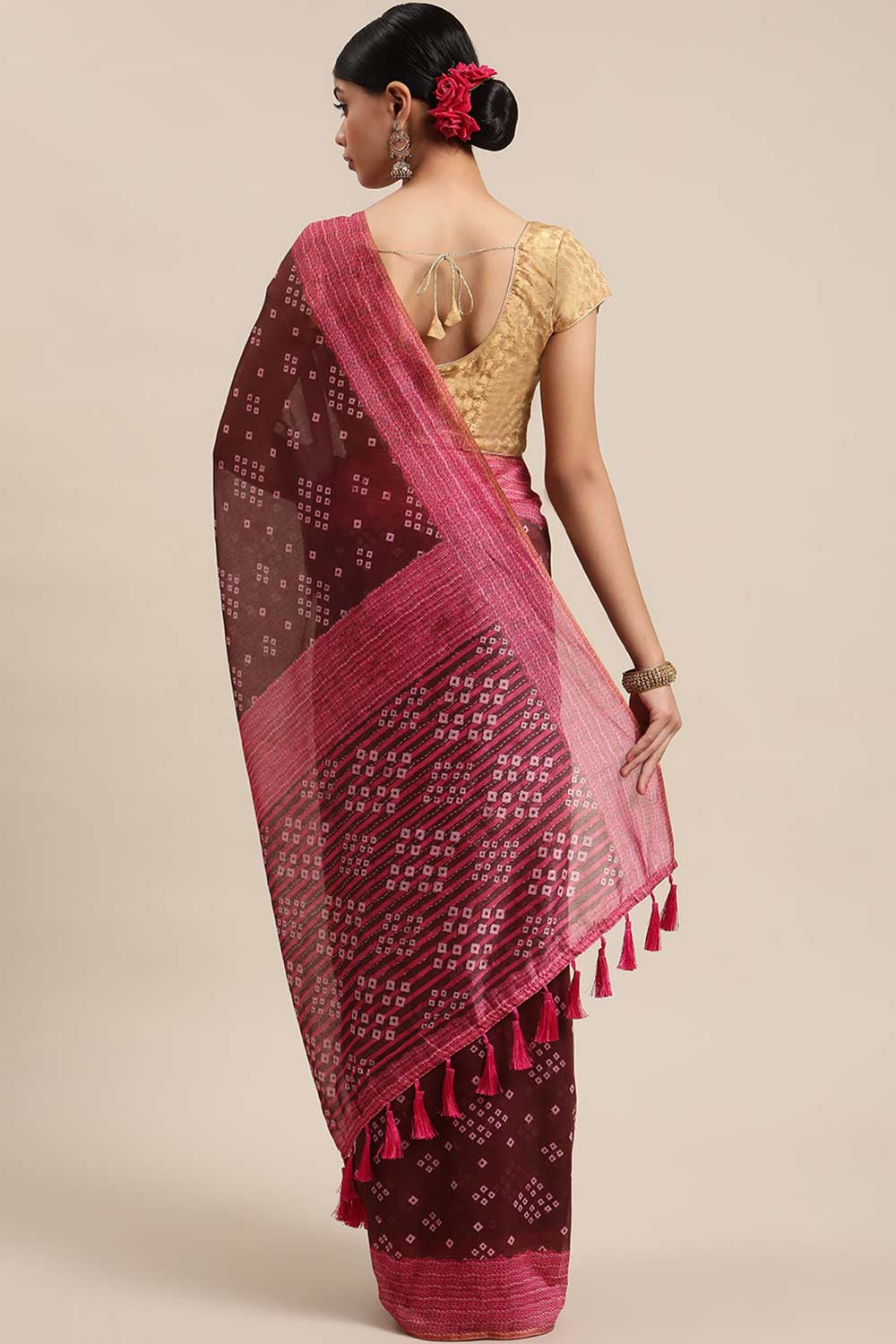 Shop Hema Pink Poly Cotton Bandhani Printed One Minute Saree at best offer at our  Store - One Minute Saree