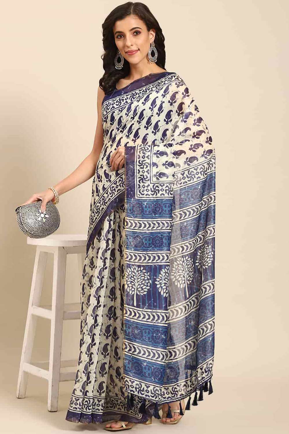 Buy Neeta Blue Cotton Block Printed One Minute Saree Online - One Minute Saree