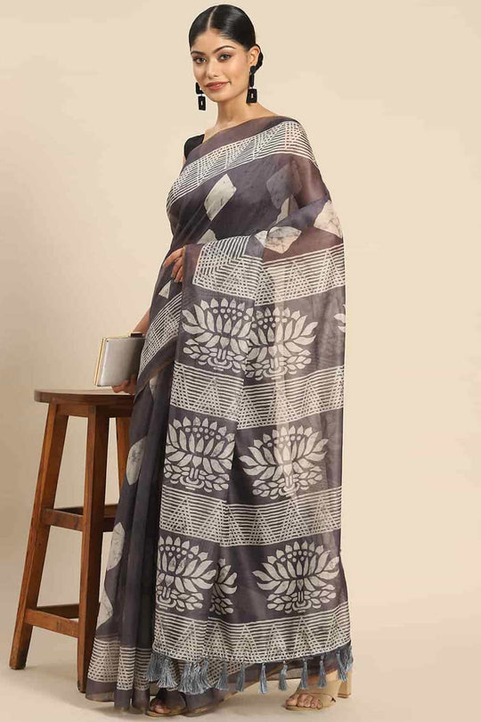 Buy Gora Black Cotton Block Printed One Minute Saree Online - One Minute Saree