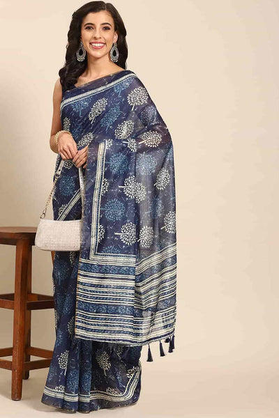 Buy Blue Cotton Block Printed One Minute Saree Online 