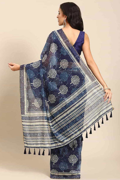 Shop Nisha Blue Cotton Block Printed One Minute Saree at best offer at our  Store - One Minute Saree