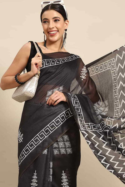 Buy Black Cotton Ethnic Motifs Banarasi One Minute Saree Online 