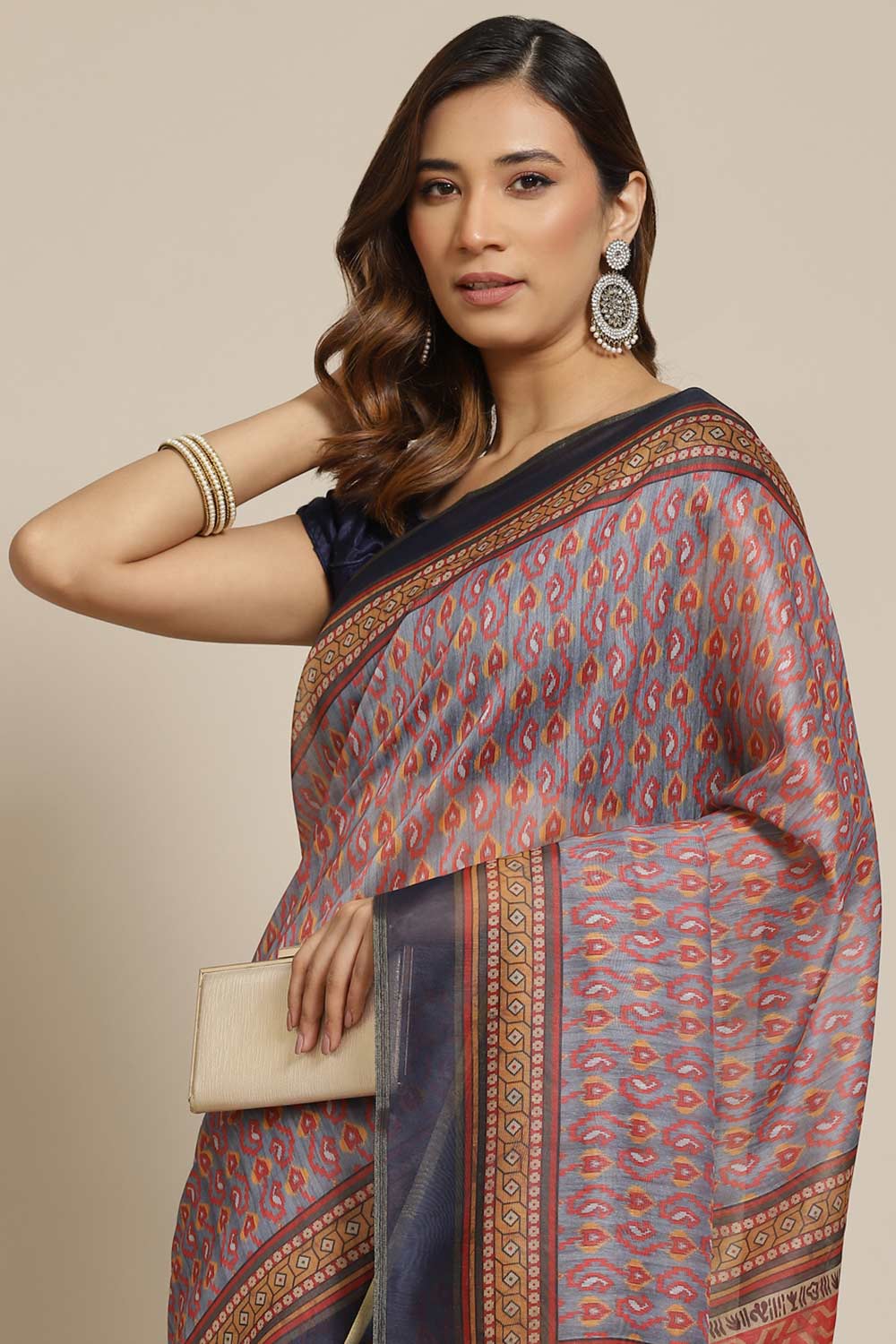 Buy Julia Grey Cotton Block Printed One Minute Saree Online