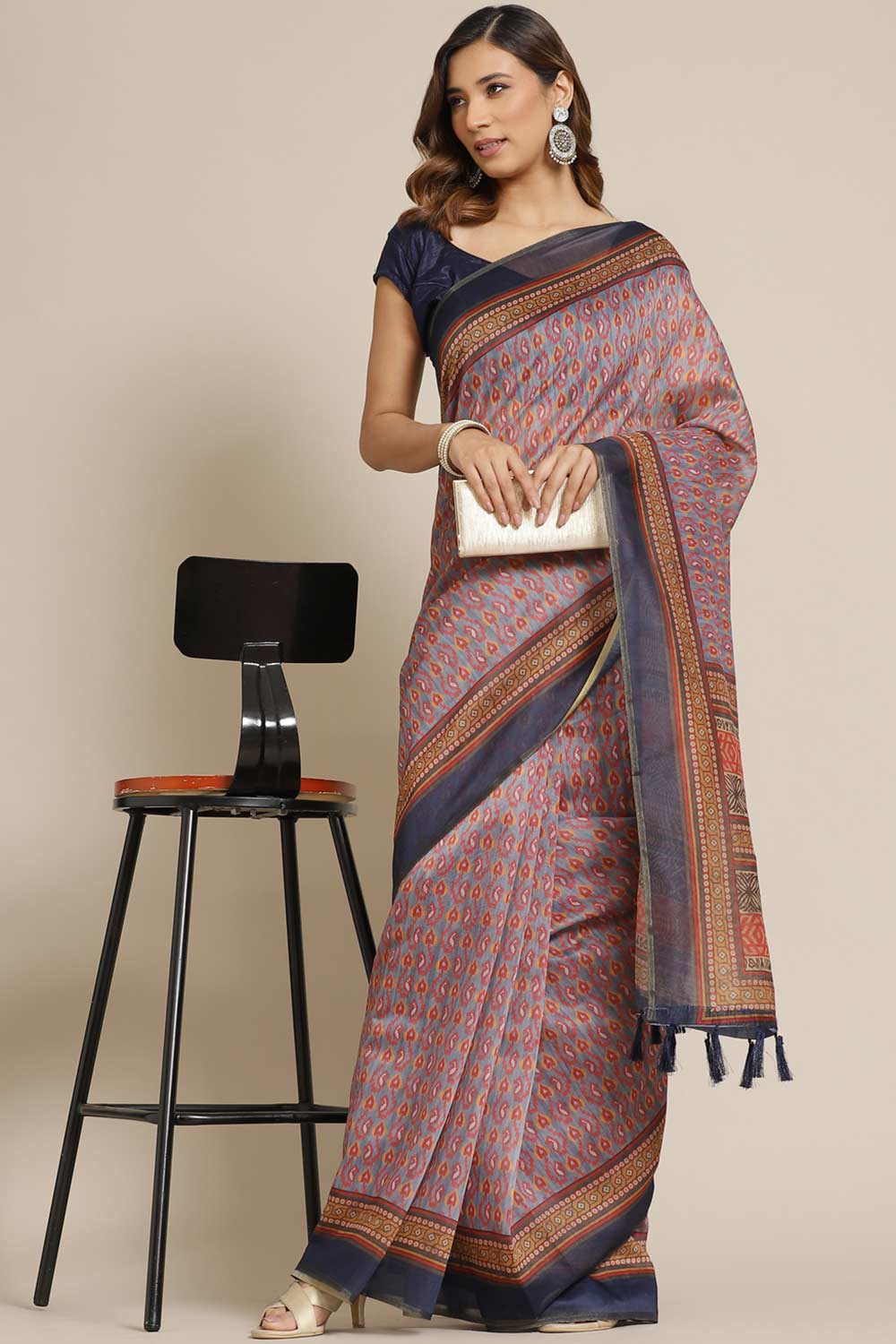 Buy Julia Grey Cotton Block Printed One Minute Saree Online - One Minute Saree