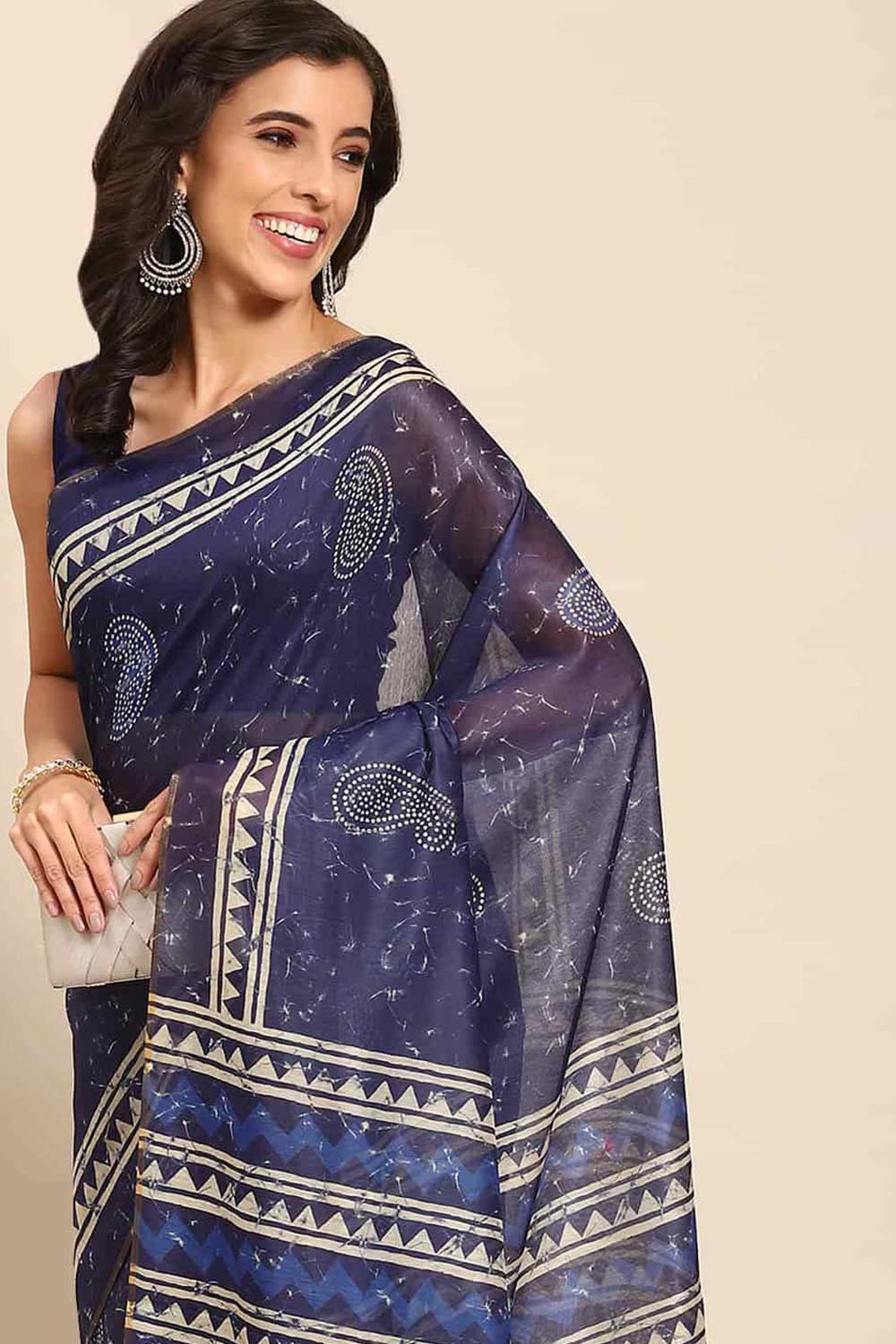 Buy Madhuri Blue Cotton Block Printed One Minute Saree Online