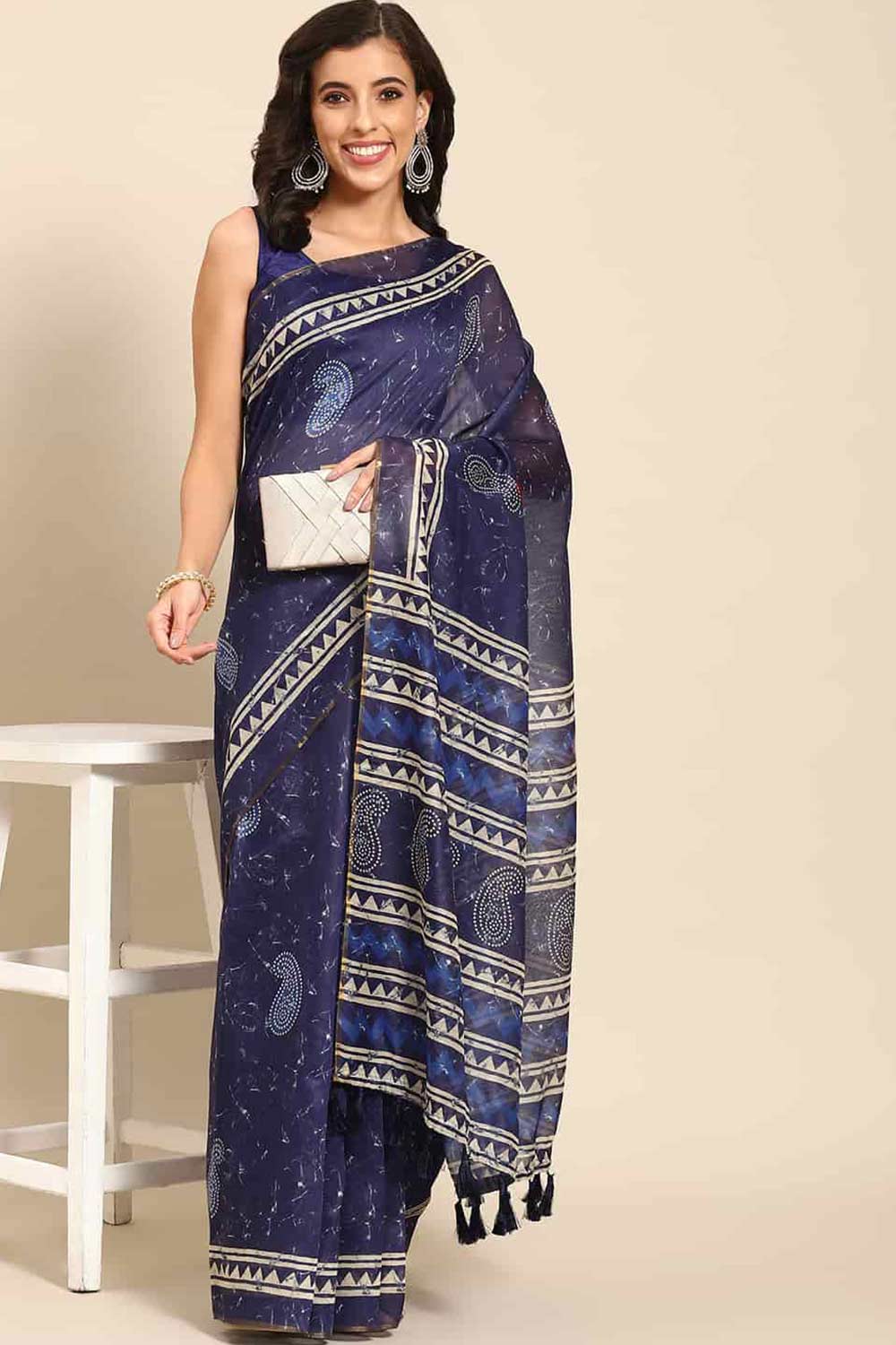 Buy Madhuri Blue Cotton Block Printed One Minute Saree Online - One Minute Saree
