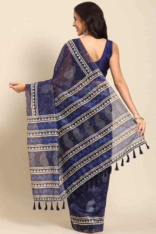 Shop Madhuri Blue Cotton Block Printed One Minute Saree at best offer at our  Store - One Minute Saree