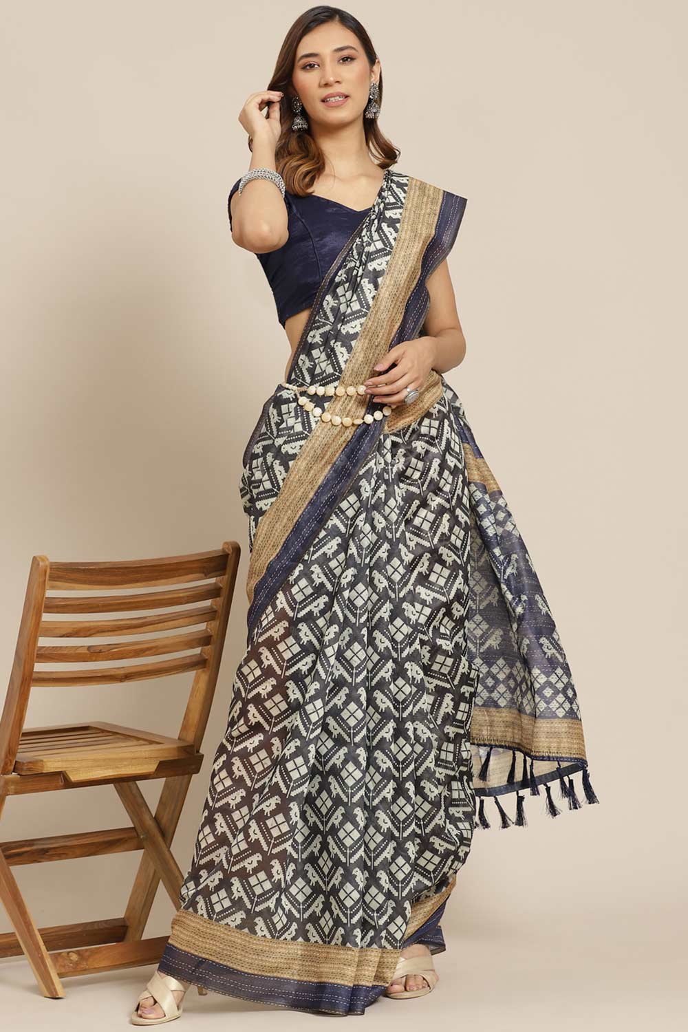 Buy Morah Black Cotton Block Printed One Minute Saree Online - One Minute Saree