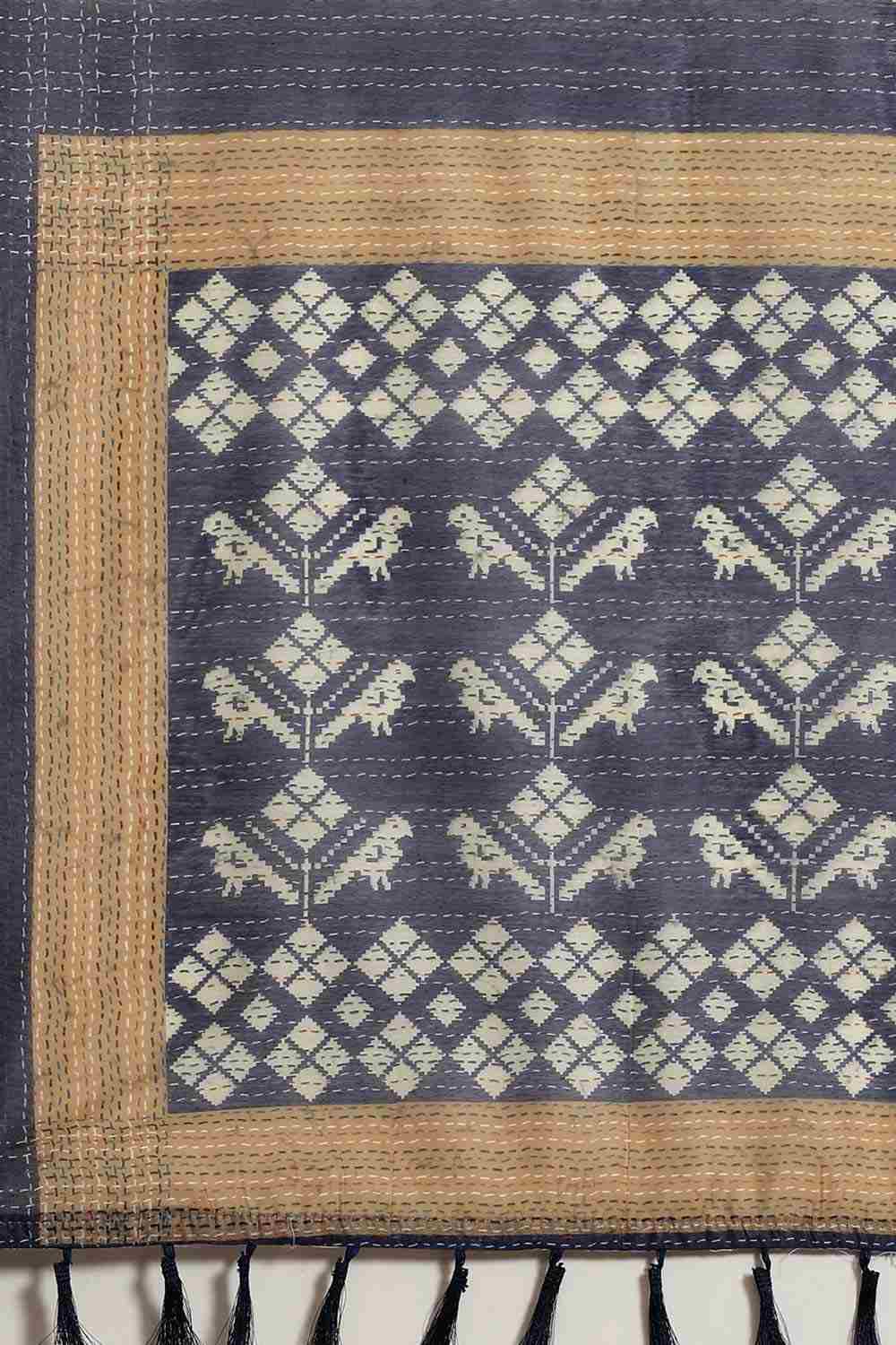 Buy Morah Black Cotton Block Printed One Minute Saree Online - Front