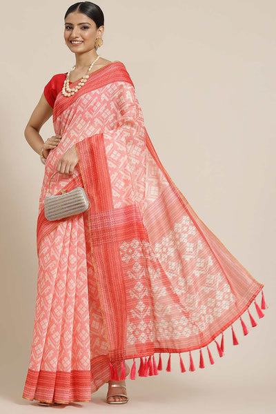 Buy Pink Cotton Block Printed Saree Online - Front 