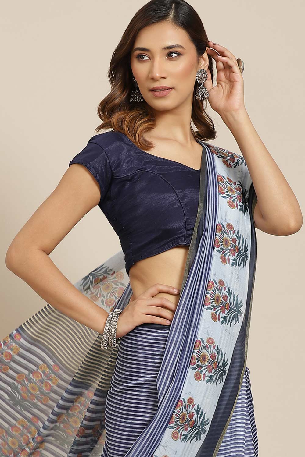 Buy Chantrelle Blue Cotton Block Printed One Minute Saree Online