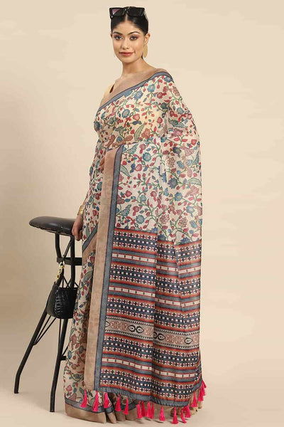 Buy White Cotton Block Printed One Minute Saree Online 