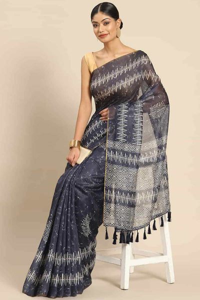 Buy Silia Blue Cotton Block Printed One Minute Saree Online - One Minute Saree